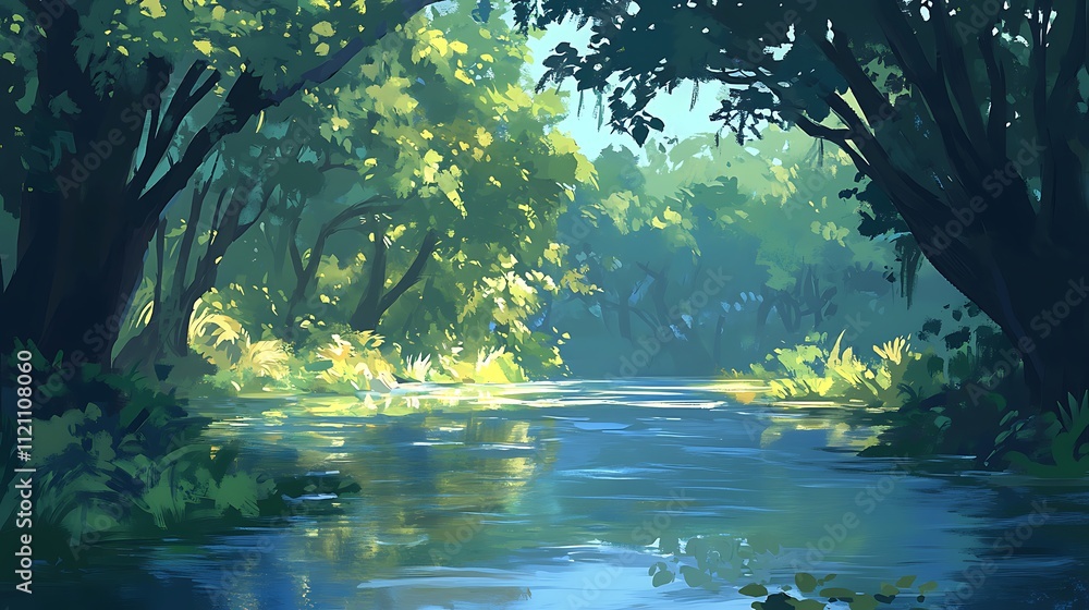 Poster a tranquil river flowing through a dense forest with overhanging trees and the sound of running wate