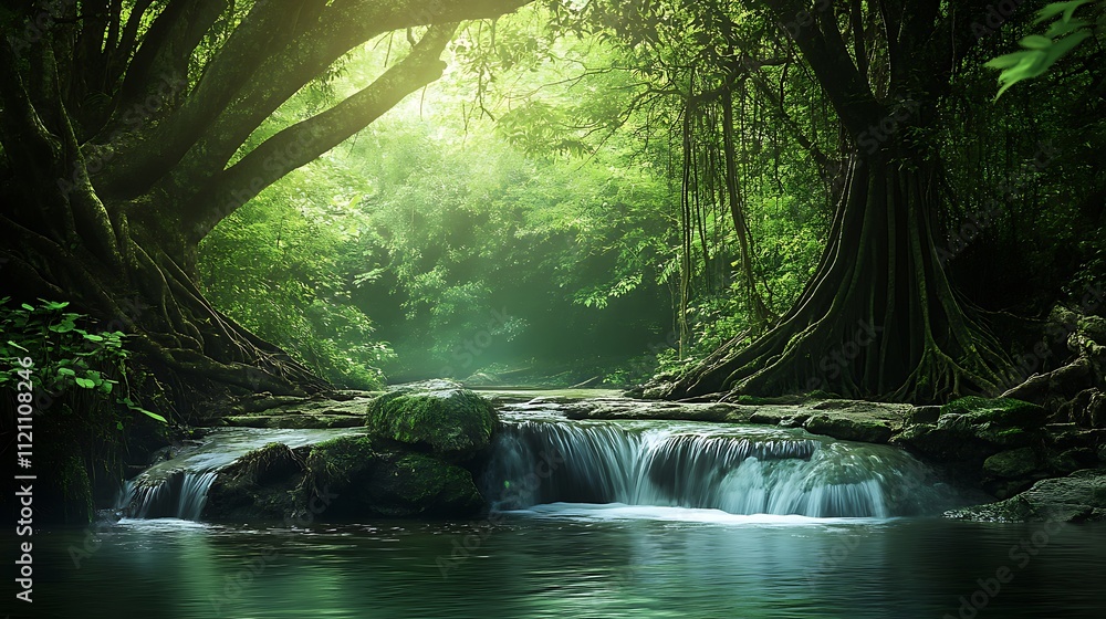 Poster a tranquil river flowing through a dense forest with overhanging trees and the sound of running wate