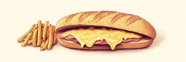 A sandwich with melted cheese and ham, served with a side of French fries.