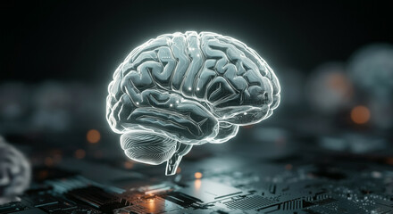 Detailed 3D rendering of a human brain with glowing blue highlights on a dark background