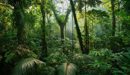 Beautiful green forest glade with ancient trees bathed in twinkling sunlight and a soft mist. Captures the serene and untouched beauty of nature, evoking peace and wonder.
