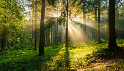 Beautiful green forest glade with ancient trees bathed in twinkling sunlight and a soft mist. Captures the serene and untouched beauty of nature, evoking peace and wonder.