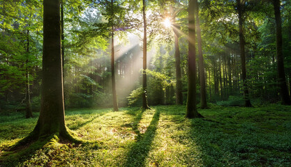 Beautiful green forest glade with ancient trees bathed in twinkling sunlight and a soft mist. Captures the serene and untouched beauty of nature, evoking peace and wonder.