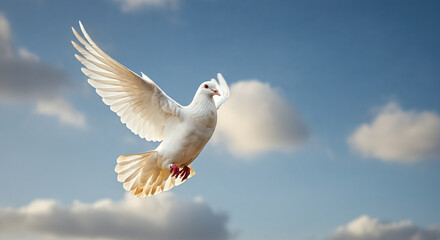 Obraz premium Close-up of a white dove in mid-flight with wings fully extended, against soft clouds