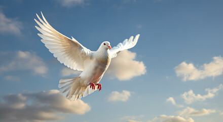 Fototapeta premium A white dove soaring against a clear blue sky, wings spread wide and feathers detailed