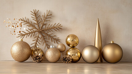 Fototapeta premium Festive gold Christmas vertical decorations including baubles and a snowflake on a neutral beige surface creating a sophisticated holiday atmosphere