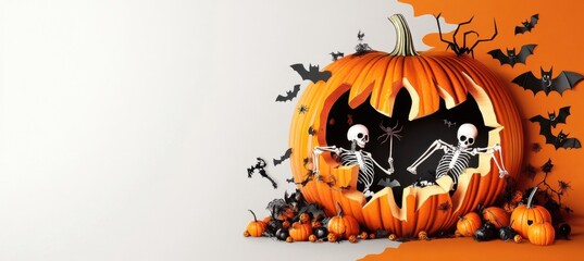 Stylish Halloween composition featuring a cutout pumpkin design with skeletons- bats- spiders- and mini pumpkins for a creative and festive background