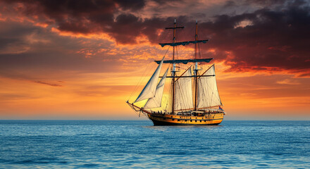 Obraz premium Tall ship under a fiery sunset sky