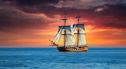 Fototapeta premium Historic tall ship sailing at sunset
