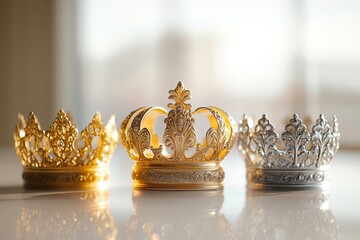 three ornate crowns in gold silver and bronze arranged symmetrically on smooth surface under soft light with copy space
