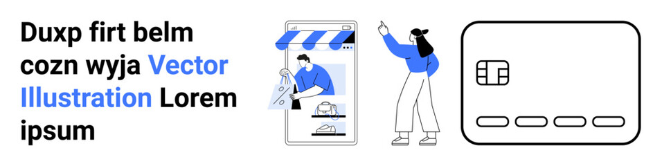 Man in storefront, customer pointing at credit card. Ideal for e-commerce, online shopping, secure payments, digital marketing, website design, mobile apps business promotion. Landing page