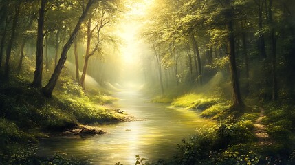 Obraz premium A tranquil river winding through a dense forest with the sound of running water and birds singing 