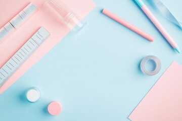 Back to school concept. Overhead view photo of stylish office supplies on pastel pink and blue colored backdrop with space for message