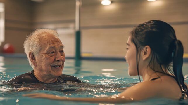 Elderly Man and Young Woman Enjoying Aquatic Therapy Pool