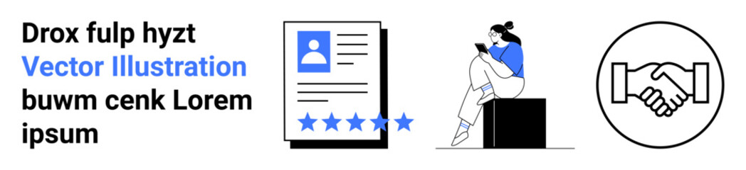 Businesswoman reading documents next to a performance review icon with 5 stars and a handshake icon. Ideal for business reviews, professional assessments, teamwork, partnerships, HR processes