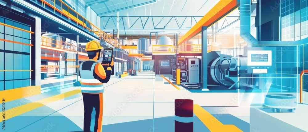 Poster industrial worker using tablet for smart factory management and automation