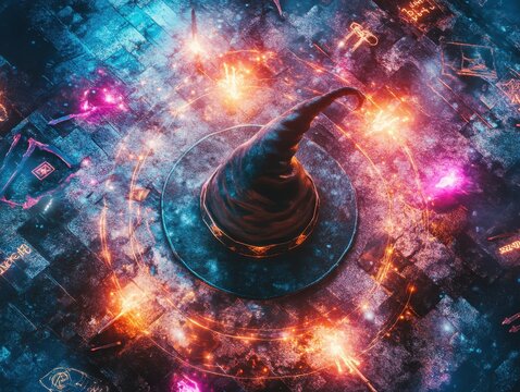 Mystical Witchcraft Ritual Enchanting Wizard Hat, Magic Sparks, Rune Stones