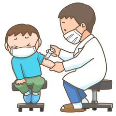 マスクをつけた医師に注射を打たれて痛いのを我慢している男の子