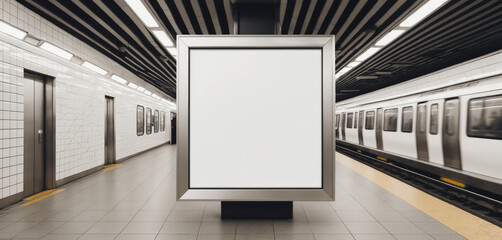 mock-up poster media template in subway station with moving train backdrop