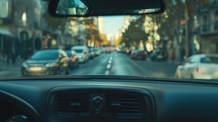 Blurred Cityscape View From Car Dashboard Traffic, Street, Cars