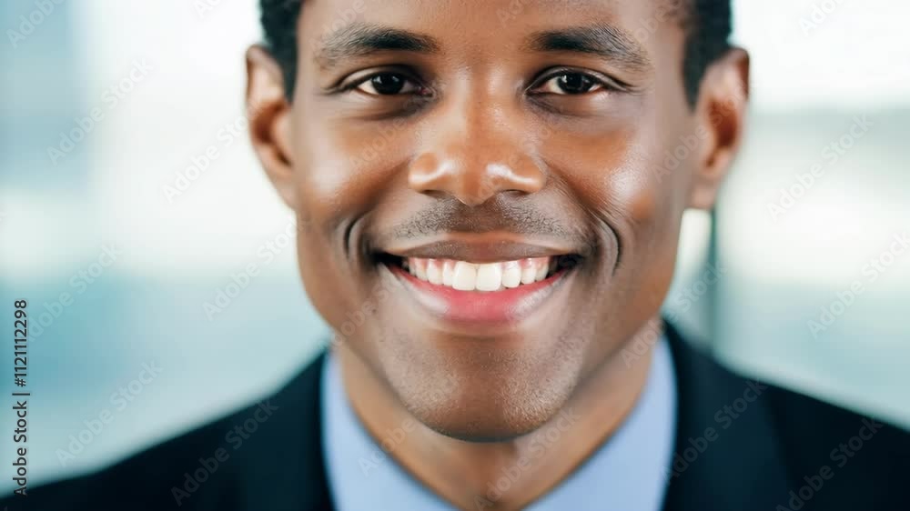 Poster professional man expresses warmth and confidence with a broad smile while dressed in a suit against 