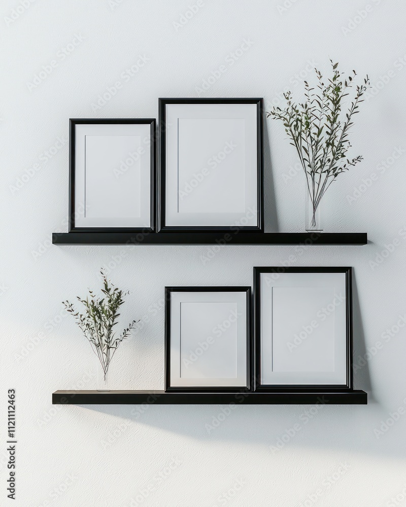 Poster high-quality mockup of photo frames displayed on sleek black shelves in a minimalist setting.