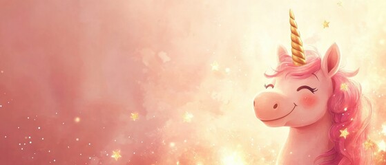 Fototapeta premium Adorable Pink Unicorn with Golden Horn in Magical Setting