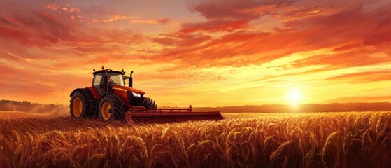 Fototapeta premium Majestic Sunset over Golden Wheat Field with Modern Tractor Harvesting