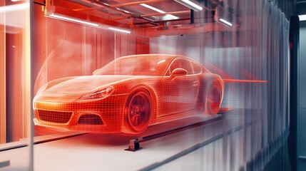Obraz premium Digital Car Manufacturing Wireframe Model Assembly Line Innovation
