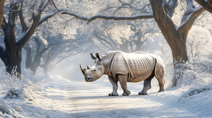Fototapeta premium The Majestic Journey of a Snowy Rhino Through a Winter Forest Path Blanketed in White Snow