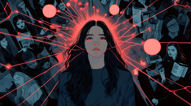 A Surreal Journey through Sensitivity: A Woman Captured in Emotional Overload and Environmental Stimuli Connection