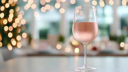 A close-up of a glass of rose wine on a table, with festive bokeh lights creating a warm, celebratory atmosphere.
