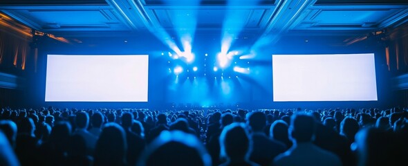 A large crowd of people are watching a show on two large screens