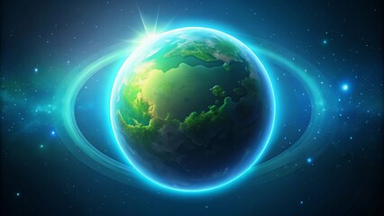 Obraz premium Luminous Planet A vibrant, verdant world bathed in celestial light, encircled by a glowing ring in the vast expanse of space