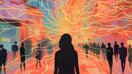 An Abstract Exploration of Sensitivity: A Woman's Emotional Landscape Amidst Chaotic Stimuli