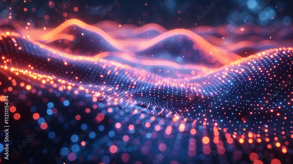 Poster neon wave of data points in a digital technology background.