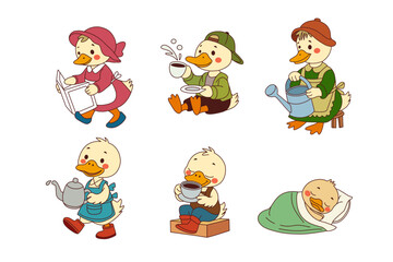 Multiple pose different activity of duck. Animals cartoon.