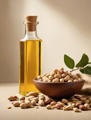 A rectangular glass bottle of peanut oil, set on a beige, textured surface.