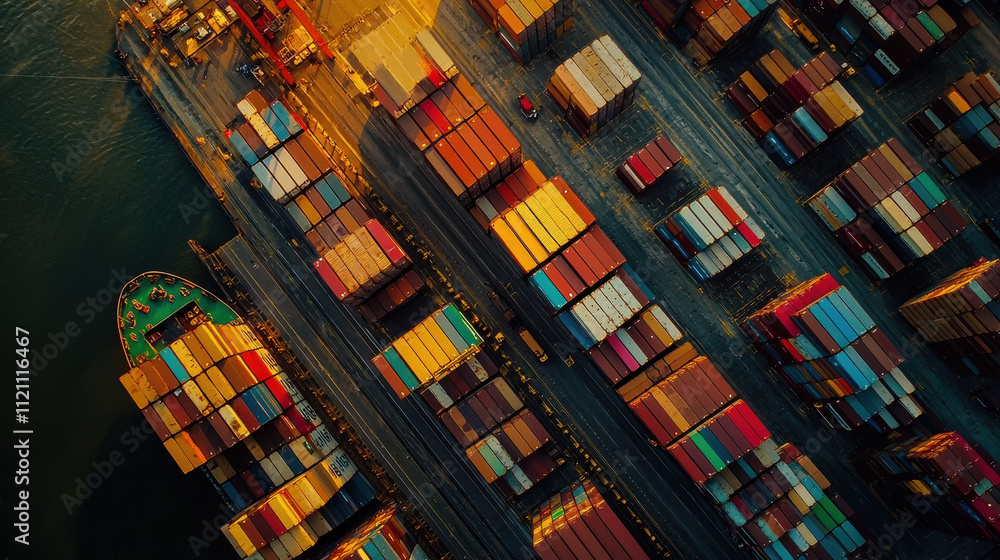 Poster container stack concept. aerial view of vibrant shipping yard filled with colorful containers