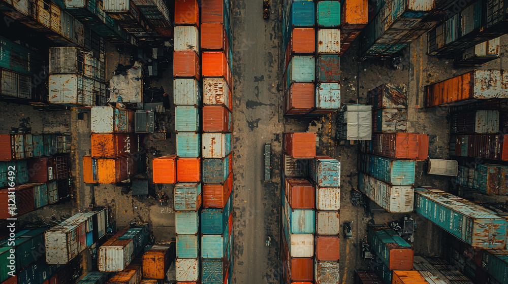 Poster container stack concept. symmetrical stacks of vibrant shipping containers create colorful urban lan