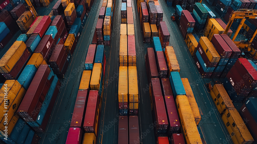 Poster container stack concept. vibrant container stacks in busy shipping yard create colorful scene