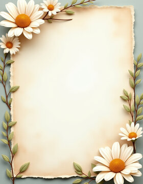 Handmade paper background with daisy border