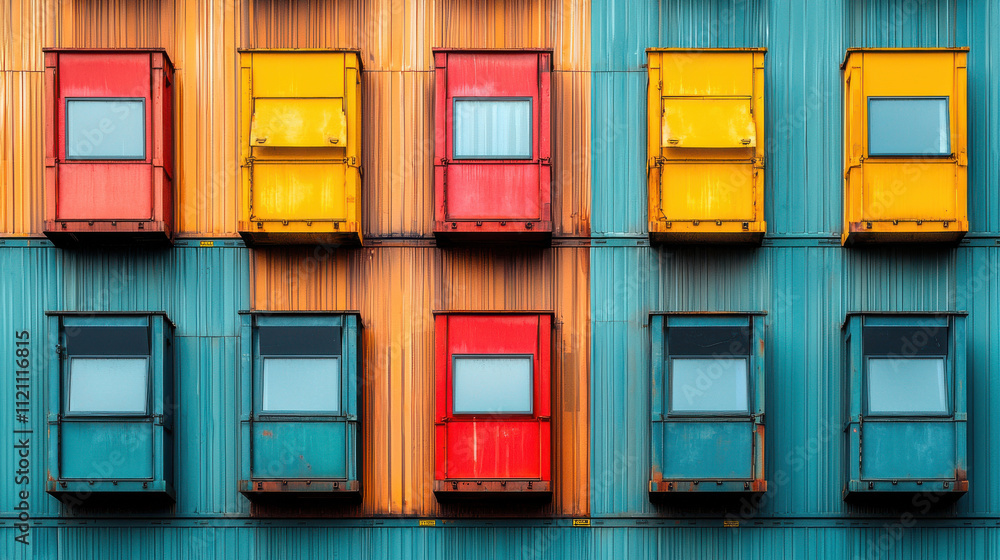 Poster container stack concept. brightly colored cargo containers arranged symmetrically create vibrant sce