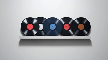 A minimalist shelf displays five vinyl records, showcasing a love for music and nostalgia.