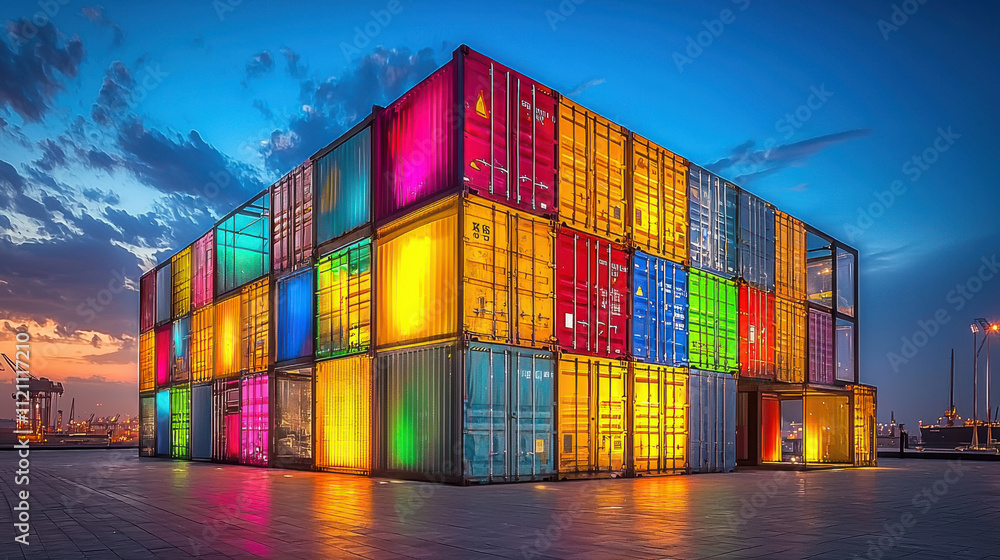 Poster container stack concept. vivid illuminated container stacks create stunning night scene