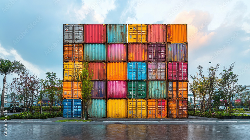 Poster container stack concept. colorful stacked containers create vibrant urban display with greenery