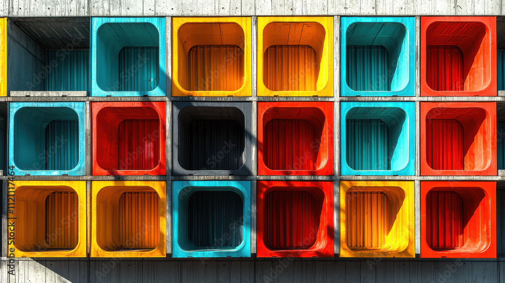 Poster container stack concept. colorful stacked containers create vibrant and bold visual display