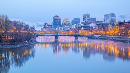 Fototapeta premium Cityscape at dawn, fog over river, bridge and city lights reflected in calm water.