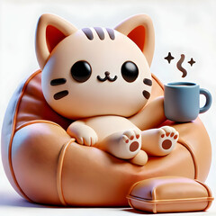 Naklejka premium Animal A 3D cute cat mascot lounging in a bean bag chair with a tiny coffee mug, giving a cozy vibe, isolated on a white background