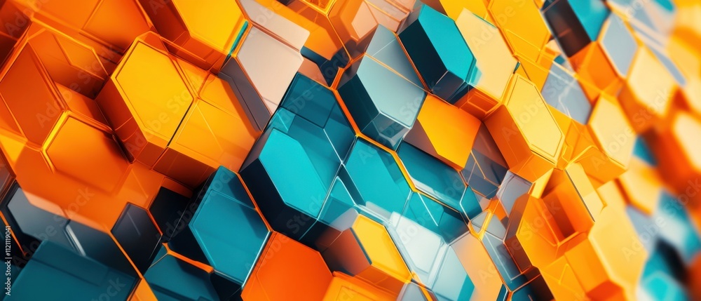 Poster Abstract 3D Rendering of Shiny Orange and Teal Hexagons